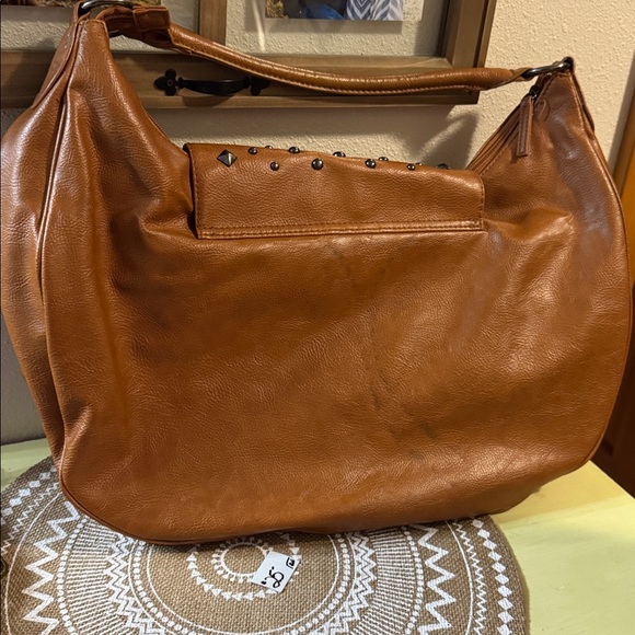 Studded Edgy Brown Vegan Leather Handbag - Picture 4 of 9